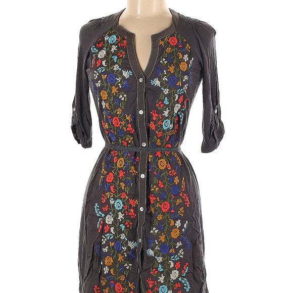 Anthropologie Tiny Gathered Vines Tunic Dress XS NWT Grey Floral Embroidery - Picture 2 of 3